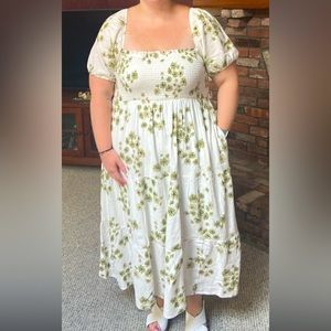 Abercrombie & Fitch Dresses | green/white floral Smocked Bodice Puff Sleeve Midi